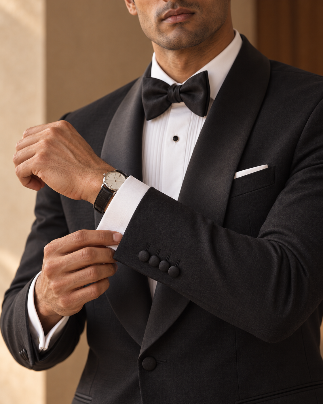 The Vesper black fine-wool tuxedo, sleeve cuff detail