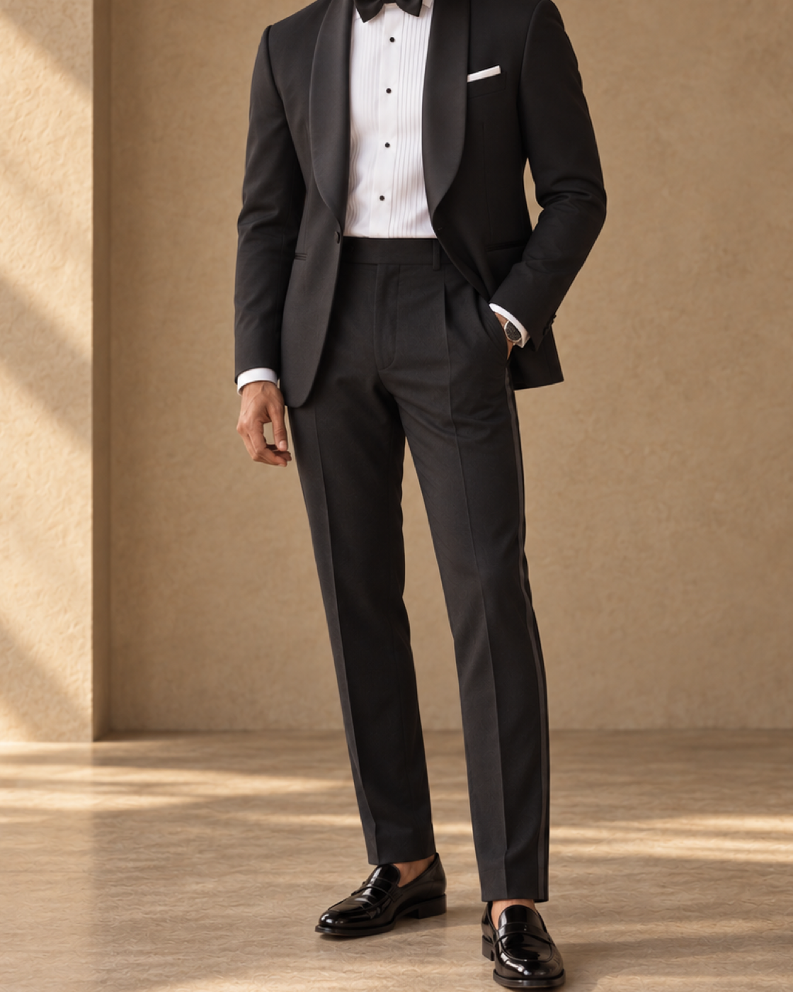 The Vesper black fine-wool tuxedo, trouser waistband detail