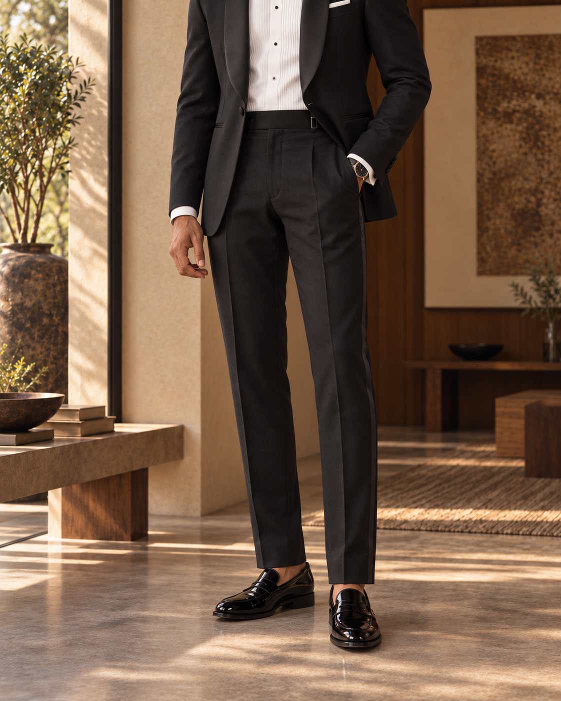 The Vesper black fine-wool tuxedo, satin trouser stripe and straight leg line