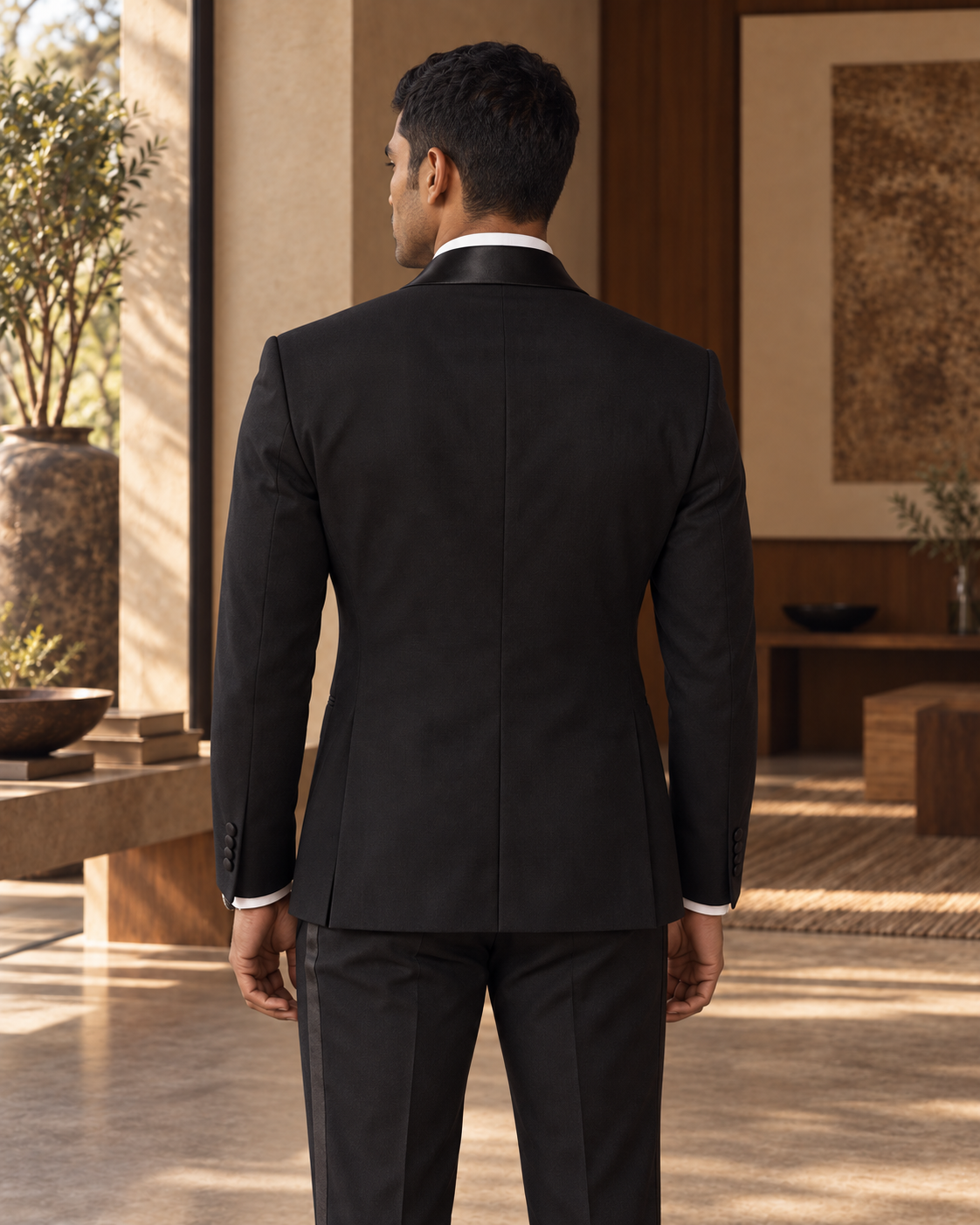 The Vesper black fine-wool tuxedo, rear jacket construction detail