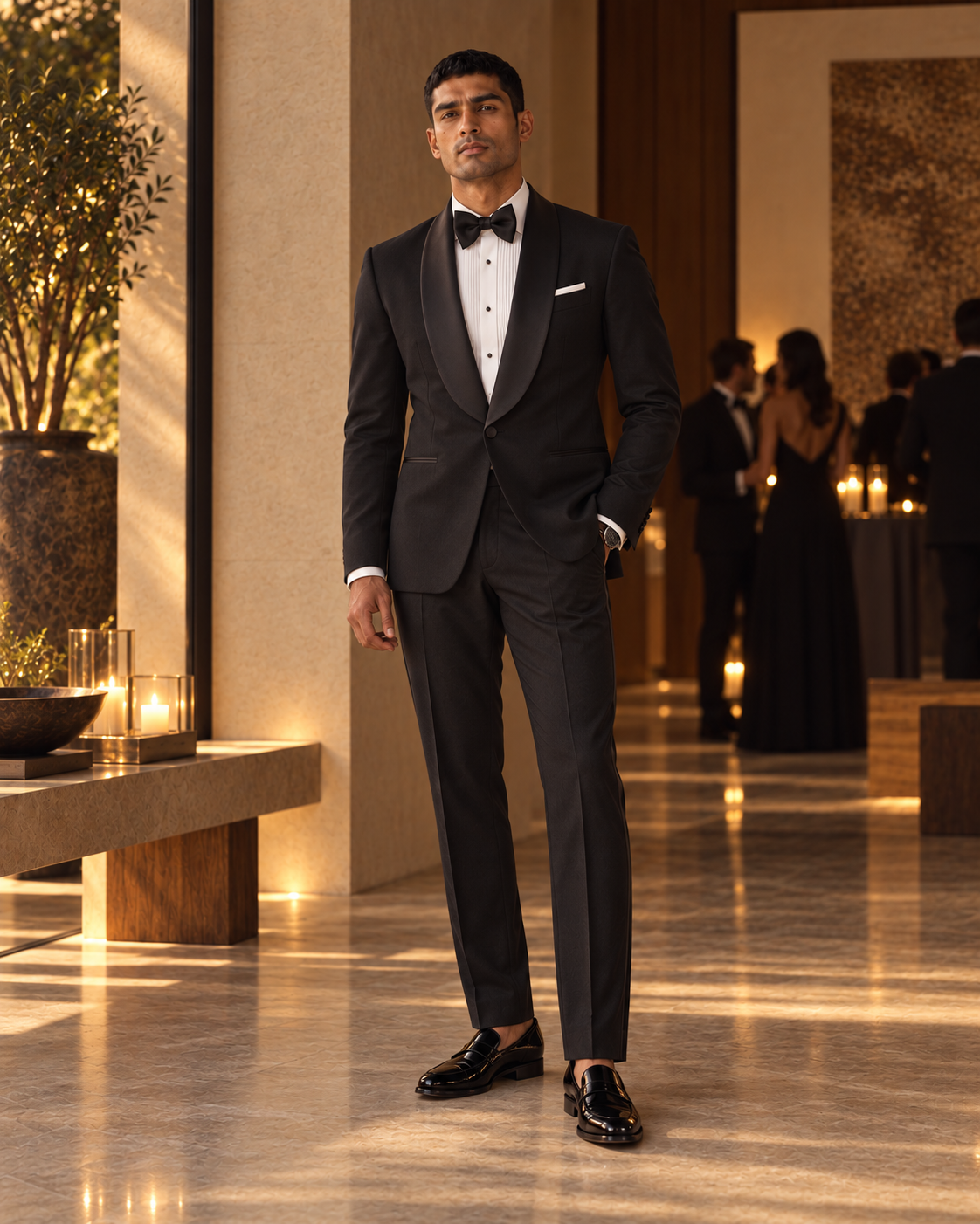 The Vesper black fine-wool tuxedo styled for an evening gala