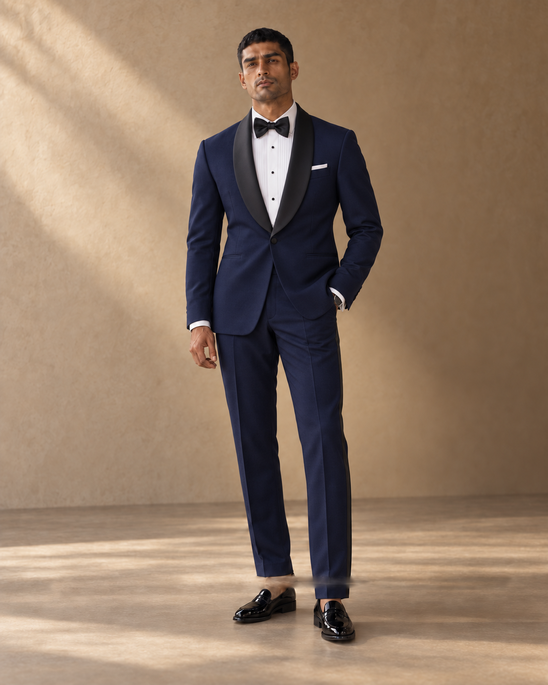 The Vesper midnight-blue shawl-collar fine-wool tuxedo, front full-length view