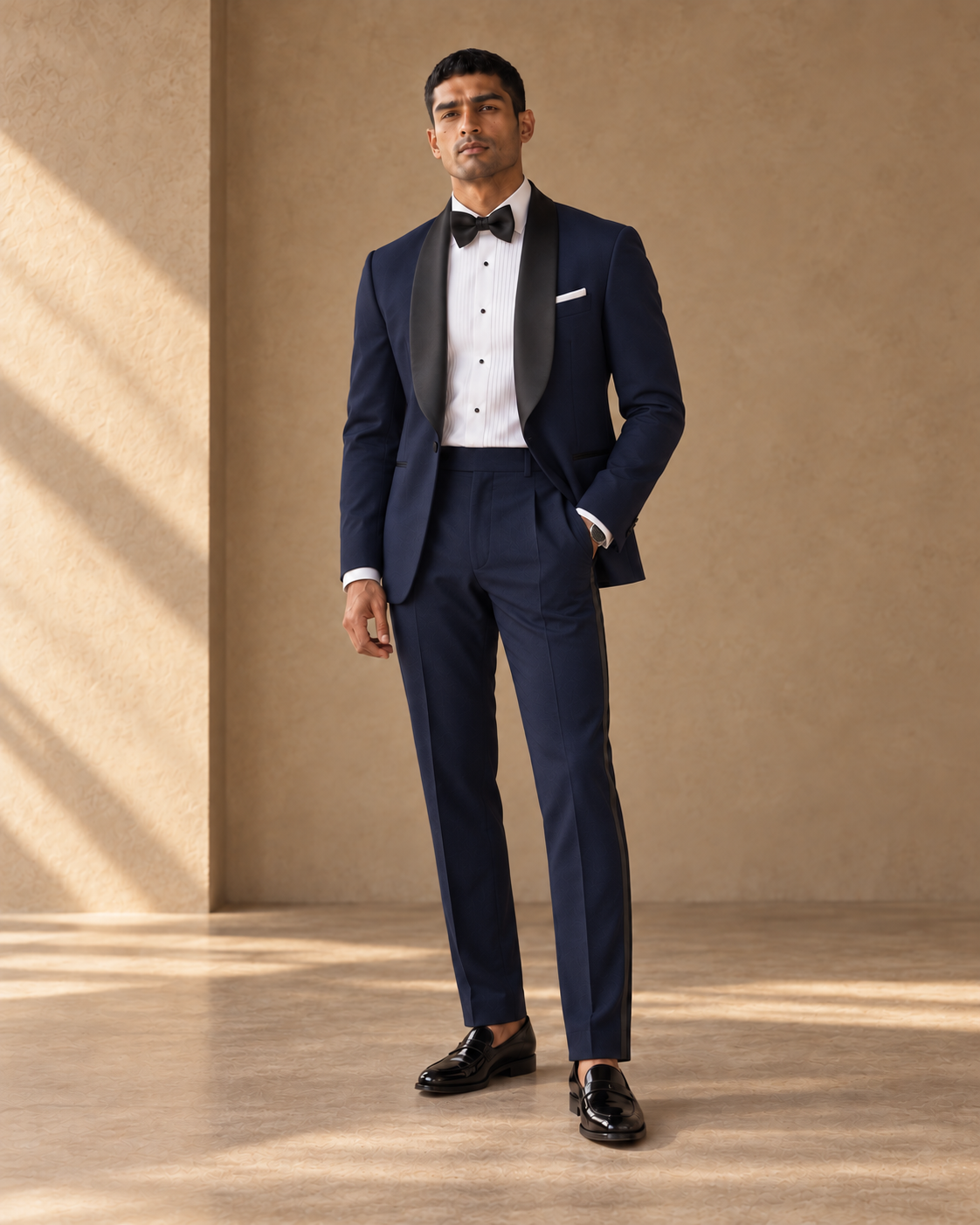 The Vesper midnight-blue shawl-collar fine-wool tuxedo, jacket-open fit view