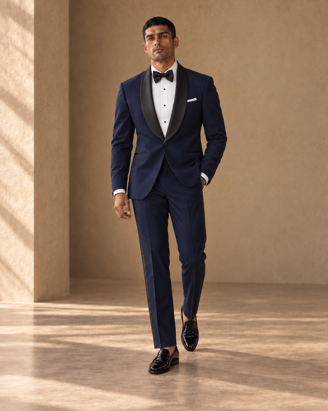 The Vesper midnight-blue shawl-collar fine-wool tuxedo shown in movement
