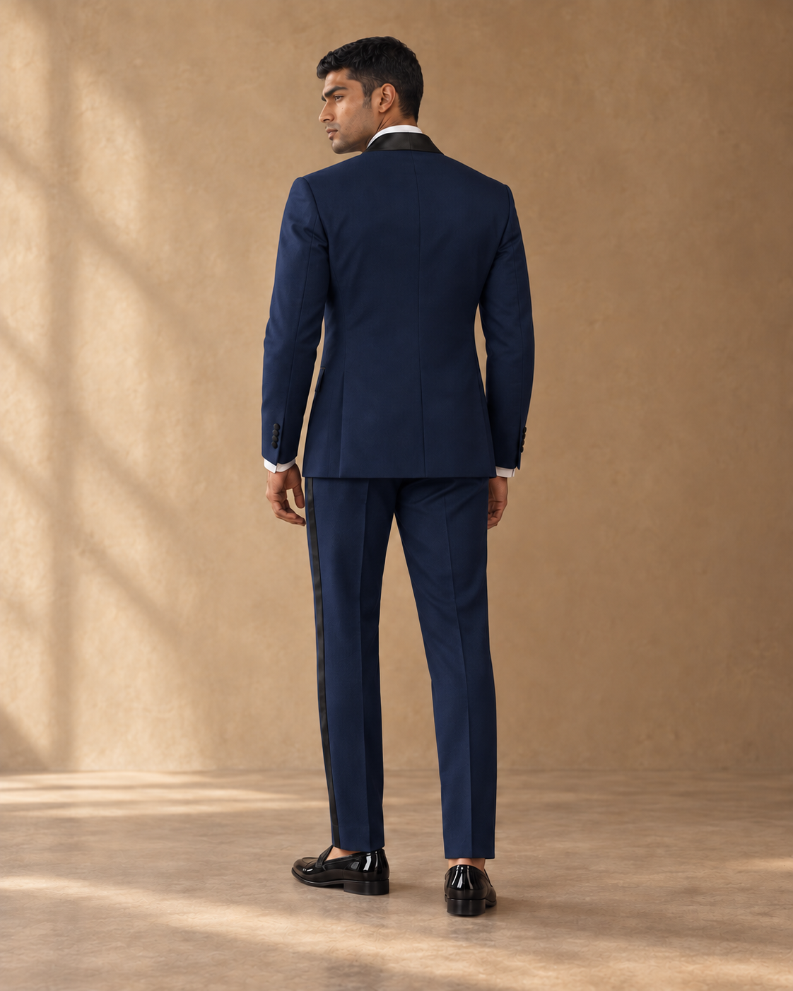 The Vesper midnight-blue shawl-collar fine-wool tuxedo, rear fit view