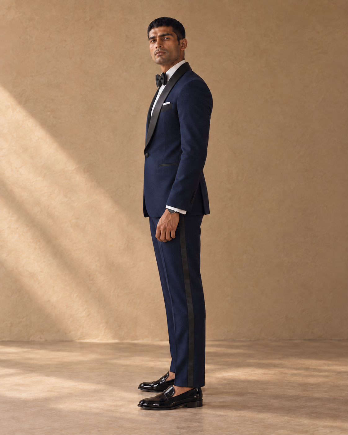 The Vesper midnight-blue shawl-collar fine-wool tuxedo, full-length side profile