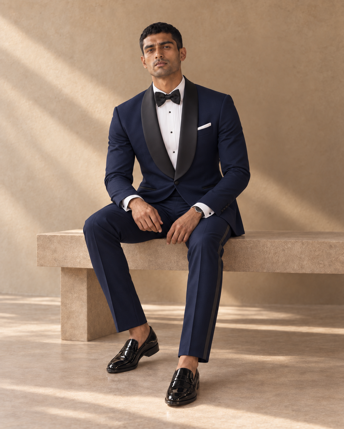 The Vesper midnight-blue shawl-collar fine-wool tuxedo, seated fit view