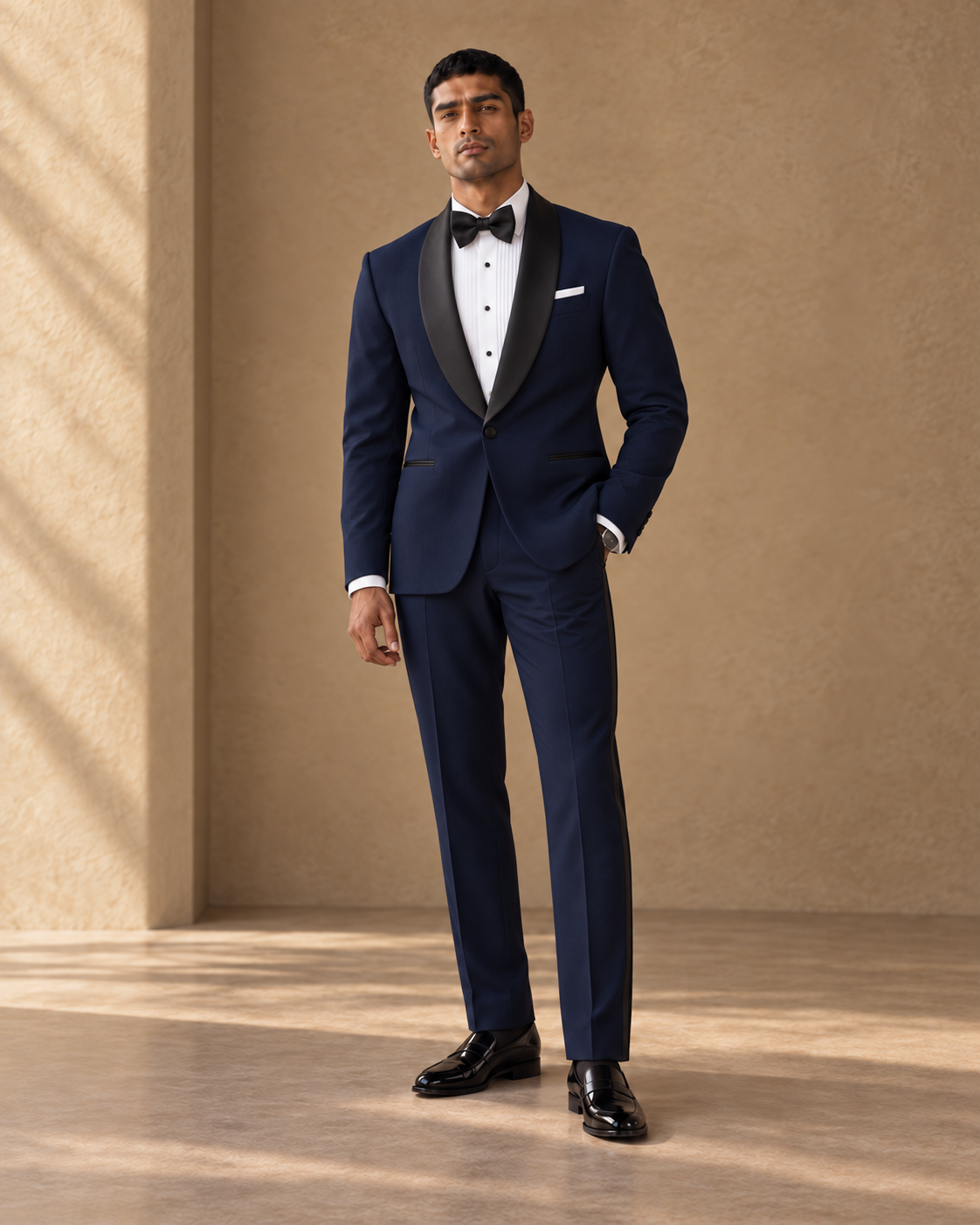 The Vesper midnight-blue shawl-collar fine-wool tuxedo, closed three-quarter view