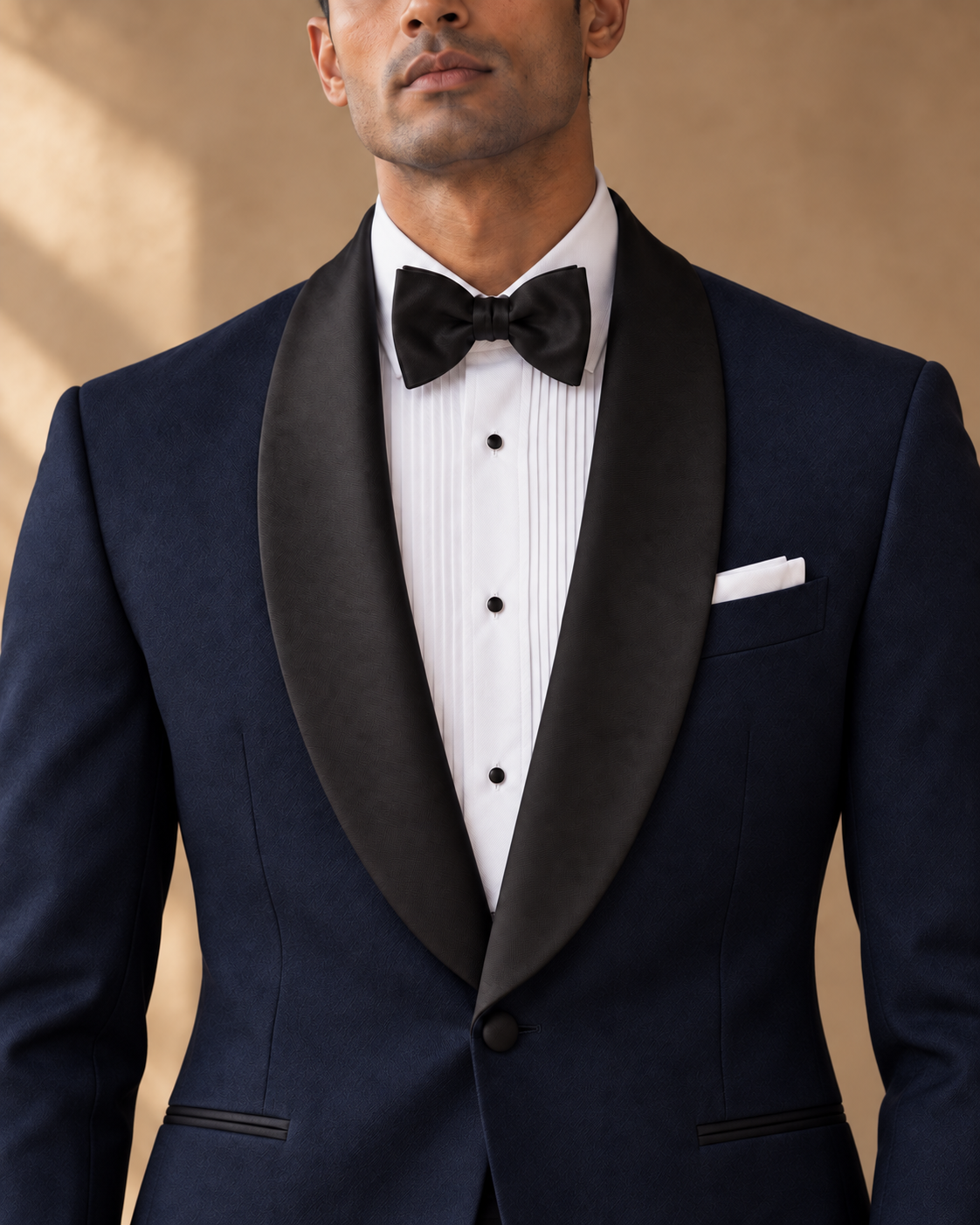 The Vesper midnight-blue fine-wool tuxedo, satin shawl collar detail