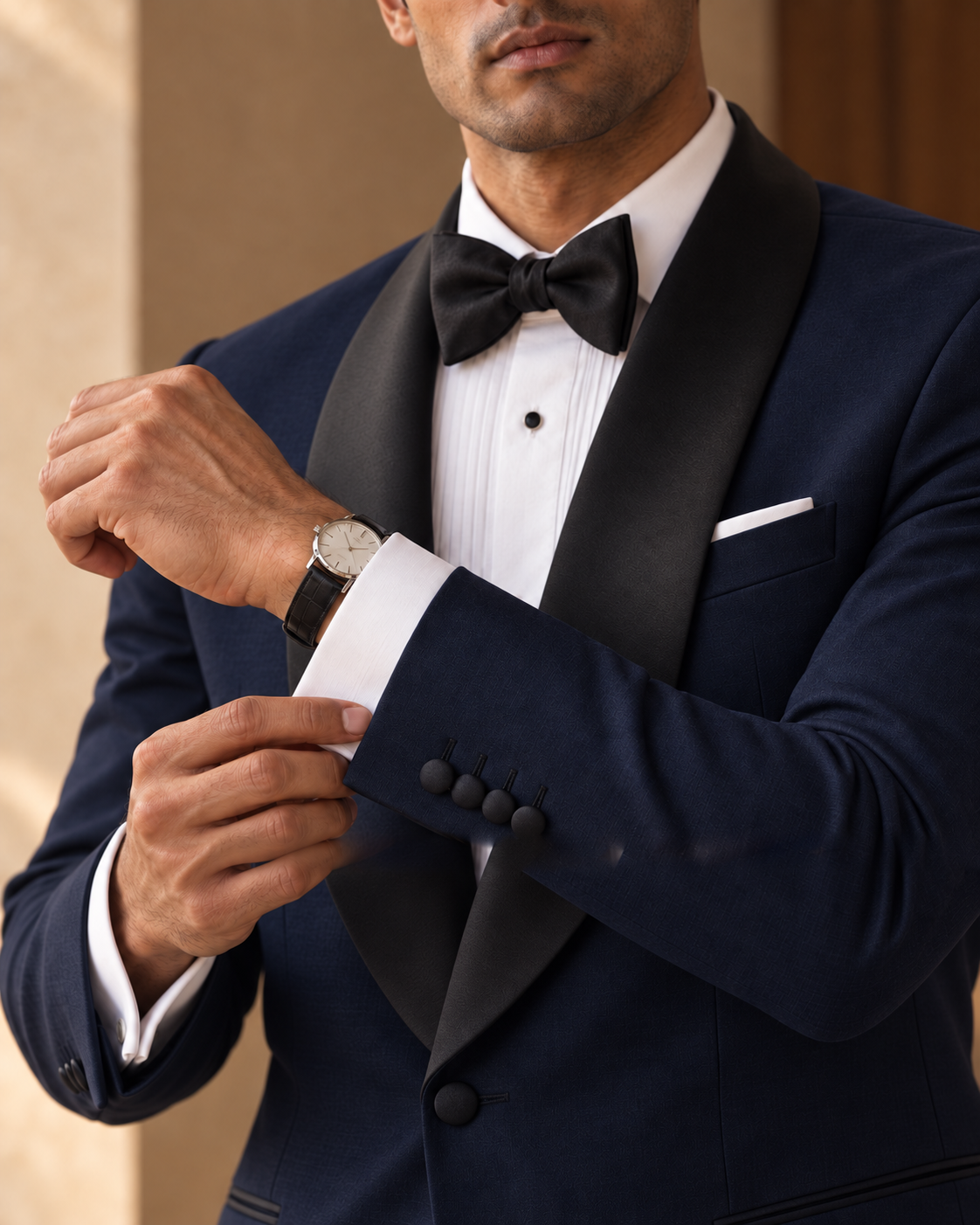 The Vesper midnight-blue fine-wool tuxedo, sleeve cuff detail