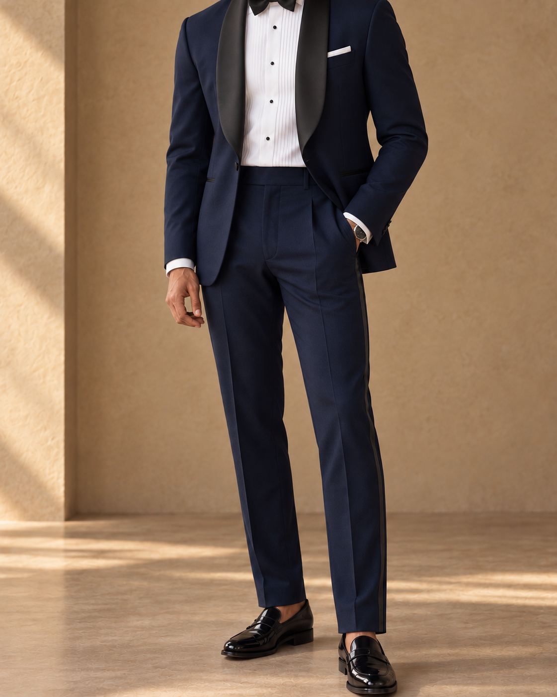 The Vesper midnight-blue fine-wool tuxedo, trouser waistband detail