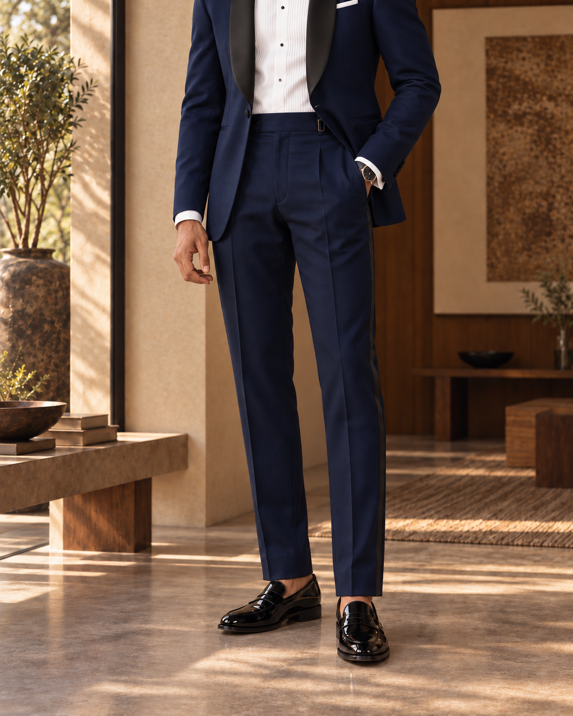The Vesper midnight-blue fine-wool tuxedo, satin trouser stripe and straight leg line