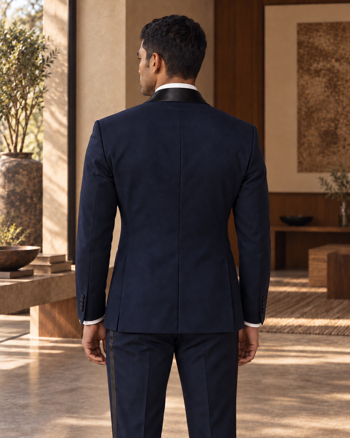 The Vesper midnight-blue fine-wool tuxedo, rear jacket construction detail