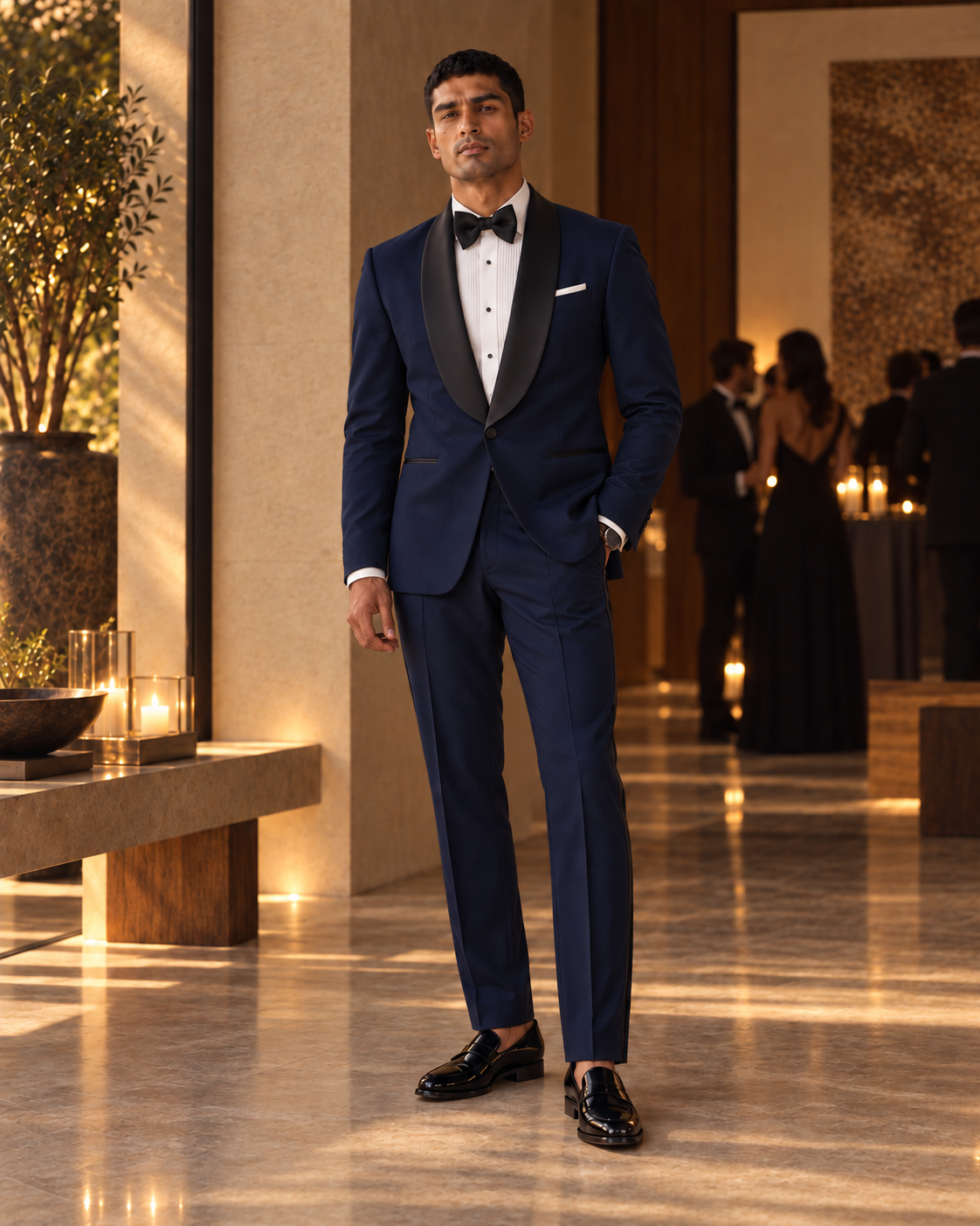 The Vesper midnight-blue fine-wool tuxedo styled for an evening reception