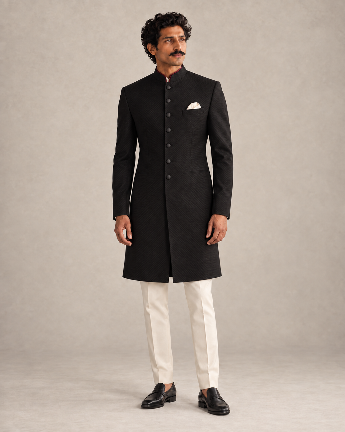 The Marwar black achkan with seven tonal buttons, worn with ivory trousers