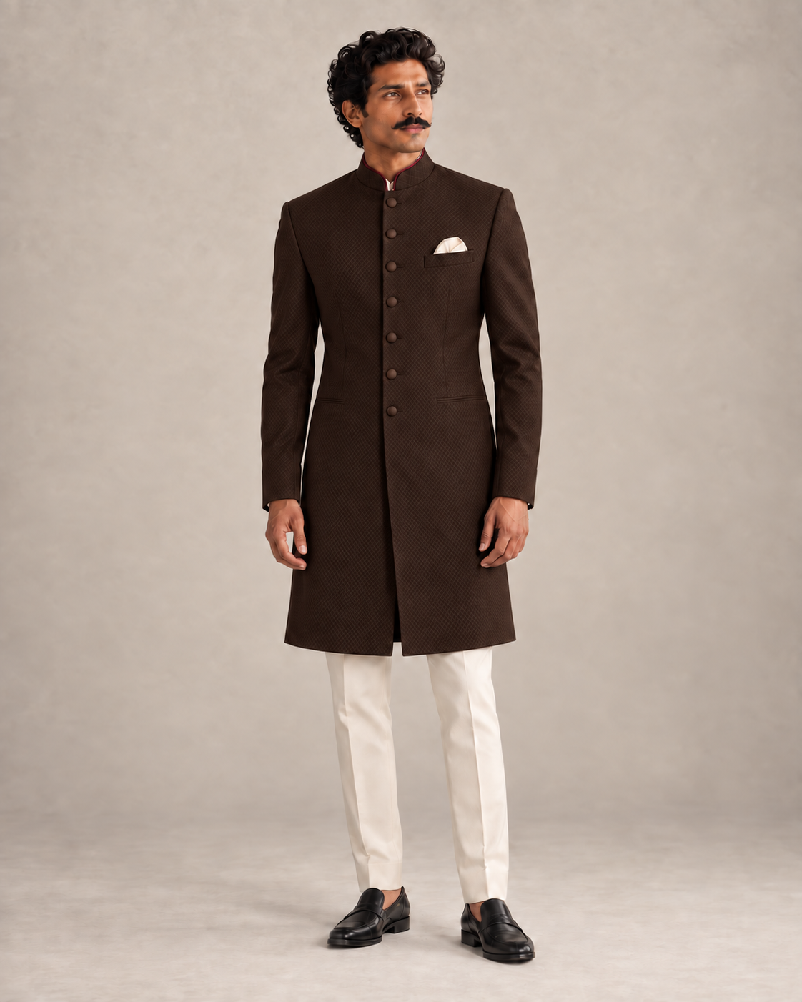 The Marwar chocolate-brown achkan with seven tonal buttons, worn with ivory trousers