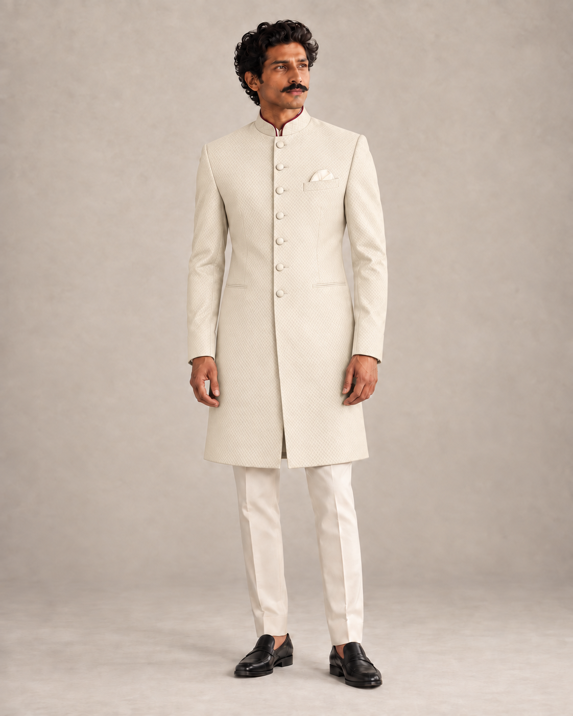 The Marwar off-white achkan with seven tonal buttons, worn with ivory trousers