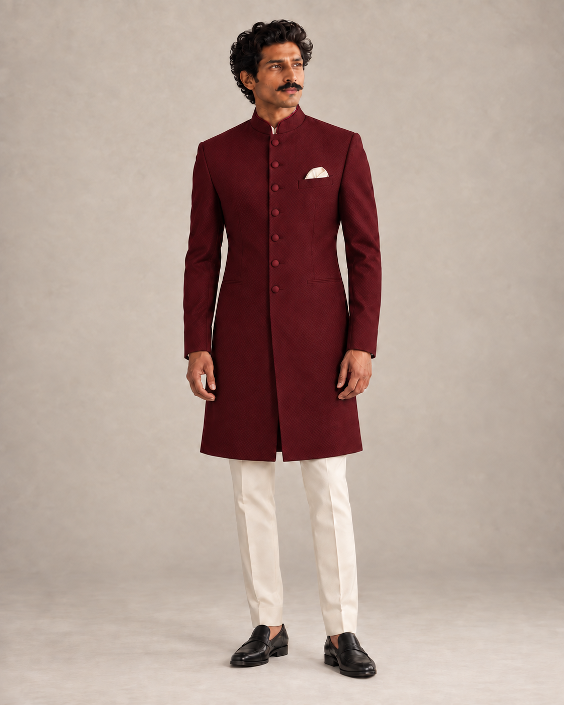 The Marwar wine-red achkan with seven tonal buttons, worn with ivory trousers