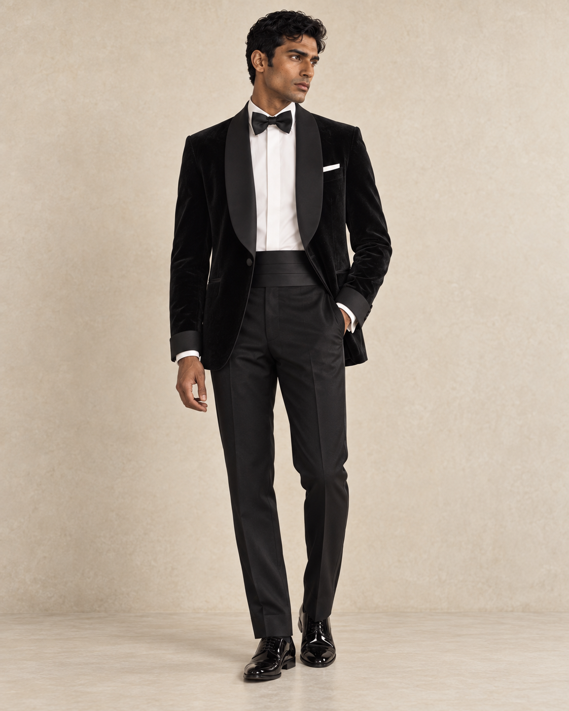 The Velour black cotton-velvet tuxedo, satin shawl lapels, satin turn-back cuffs and one covered front button