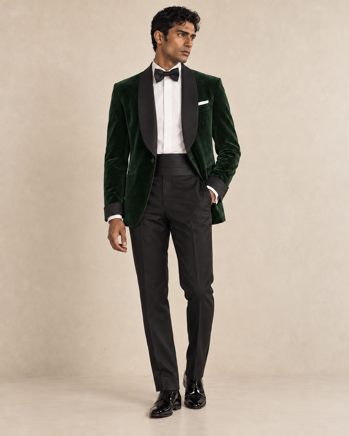 The Velour deep-green cotton-velvet tuxedo, satin shawl lapels, satin turn-back cuffs and one covered front button