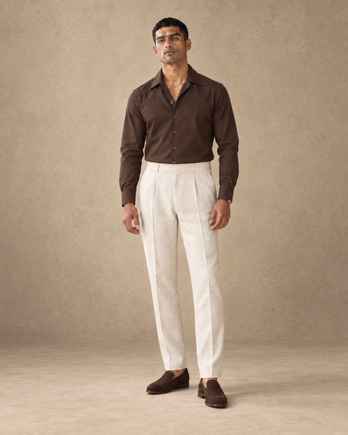 The Capri chocolate-brown Giza cotton open-collar shirt, front full-length view