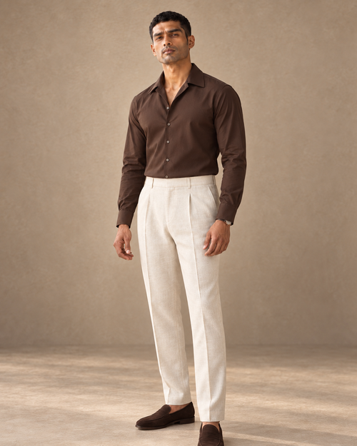 The Capri chocolate-brown open-collar shirt, three-quarter fit view