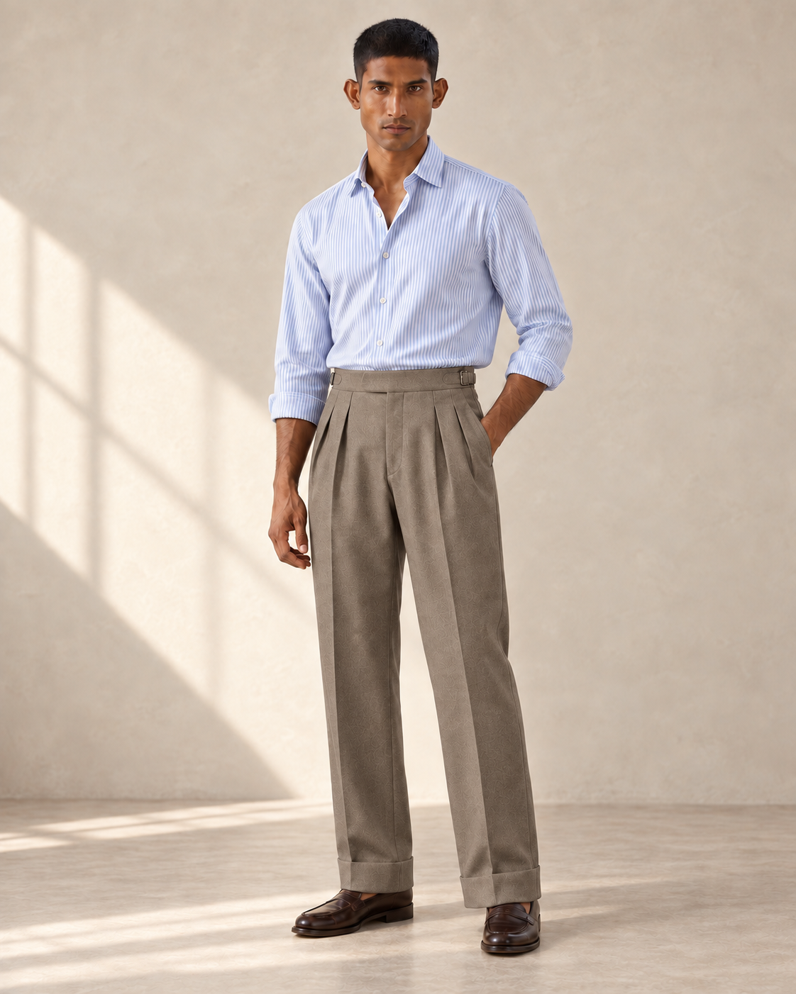 SALVE The Cadogan double-pleated trousers in khaki, front full-length view