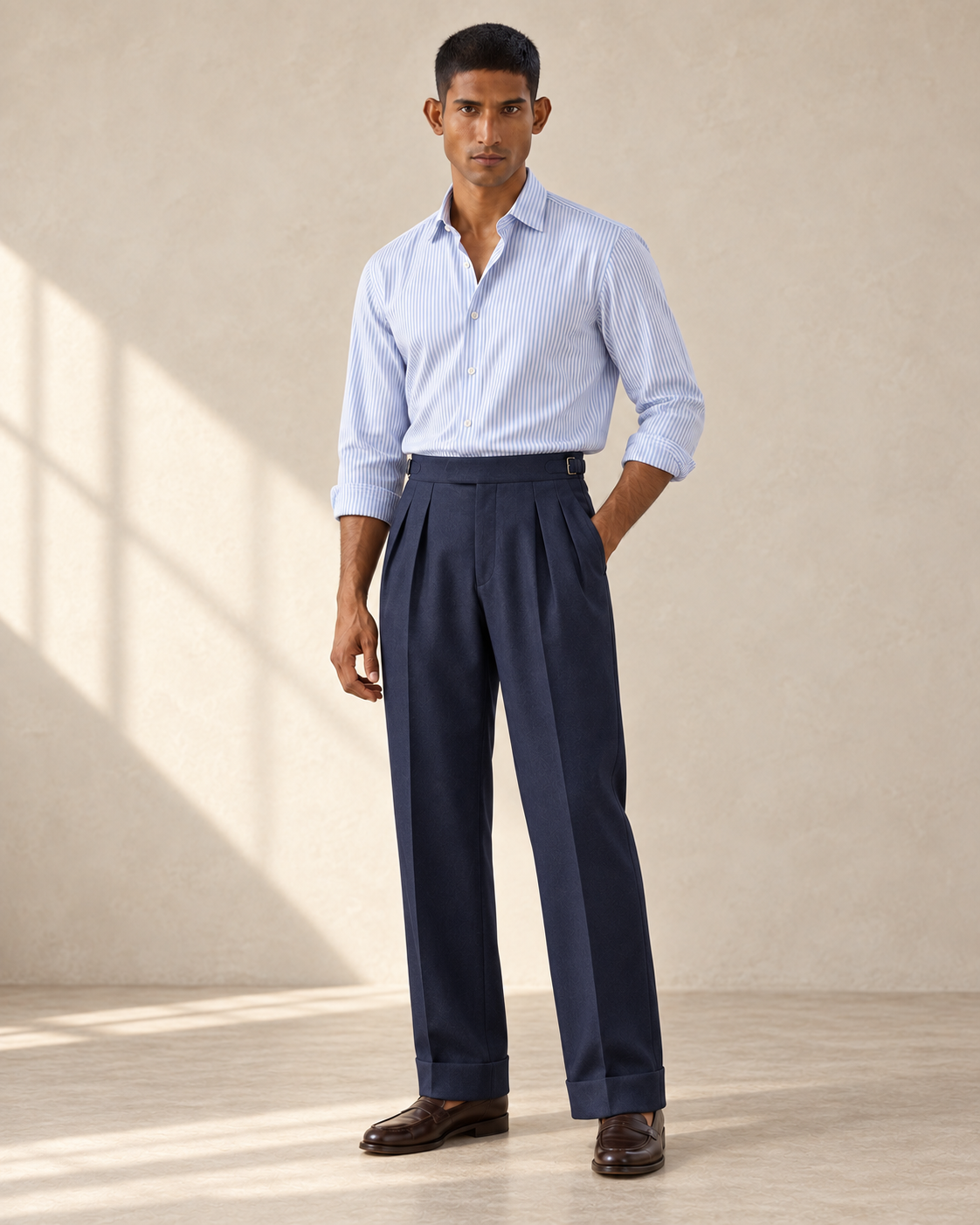 SALVE The Cadogan double-pleated trousers in navy, front full-length view