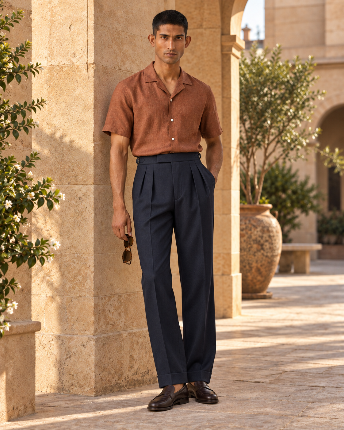 SALVE The Cadogan double-pleated trousers in navy, worn in daylight