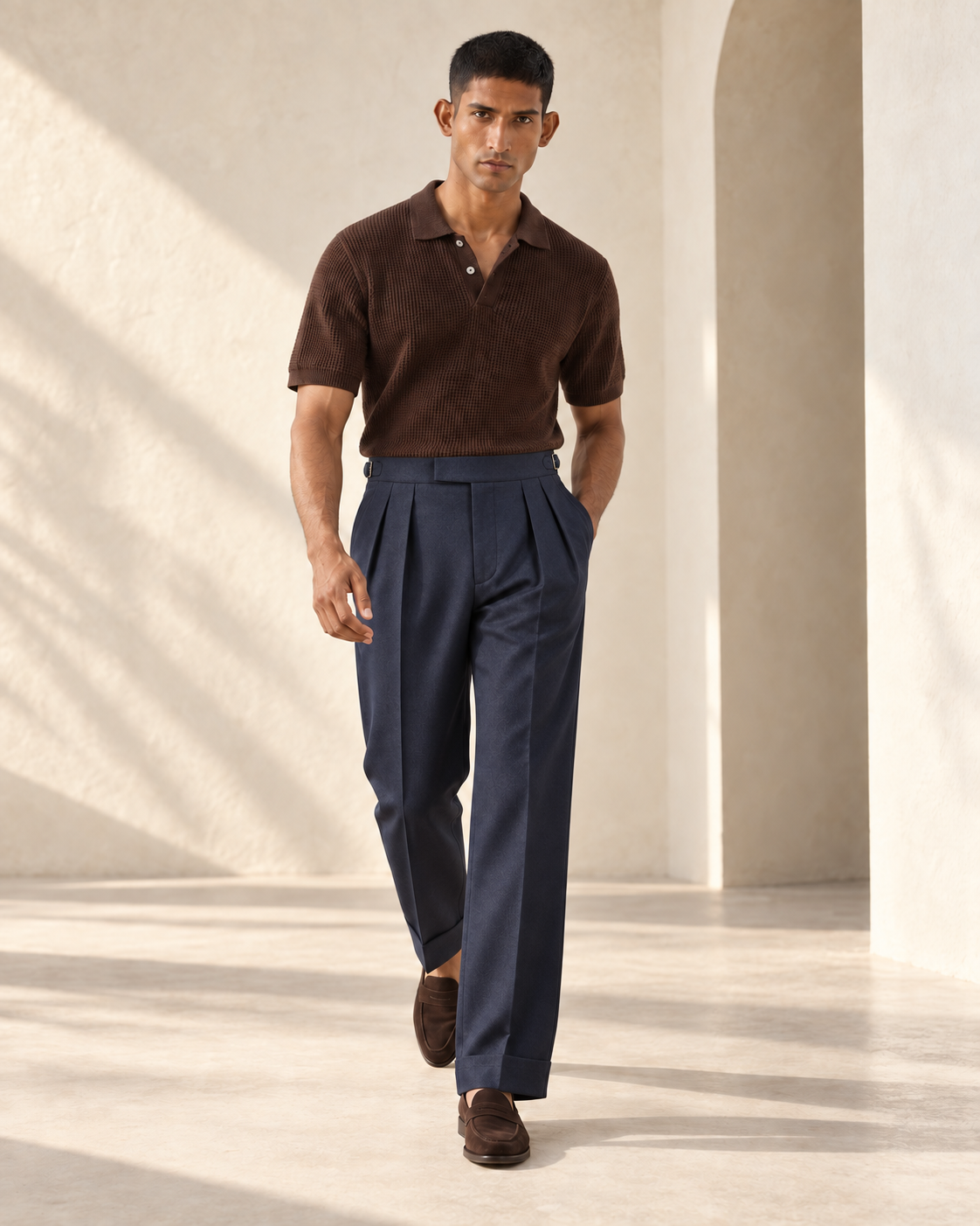 SALVE The Cadogan double-pleated trousers in navy, shown walking