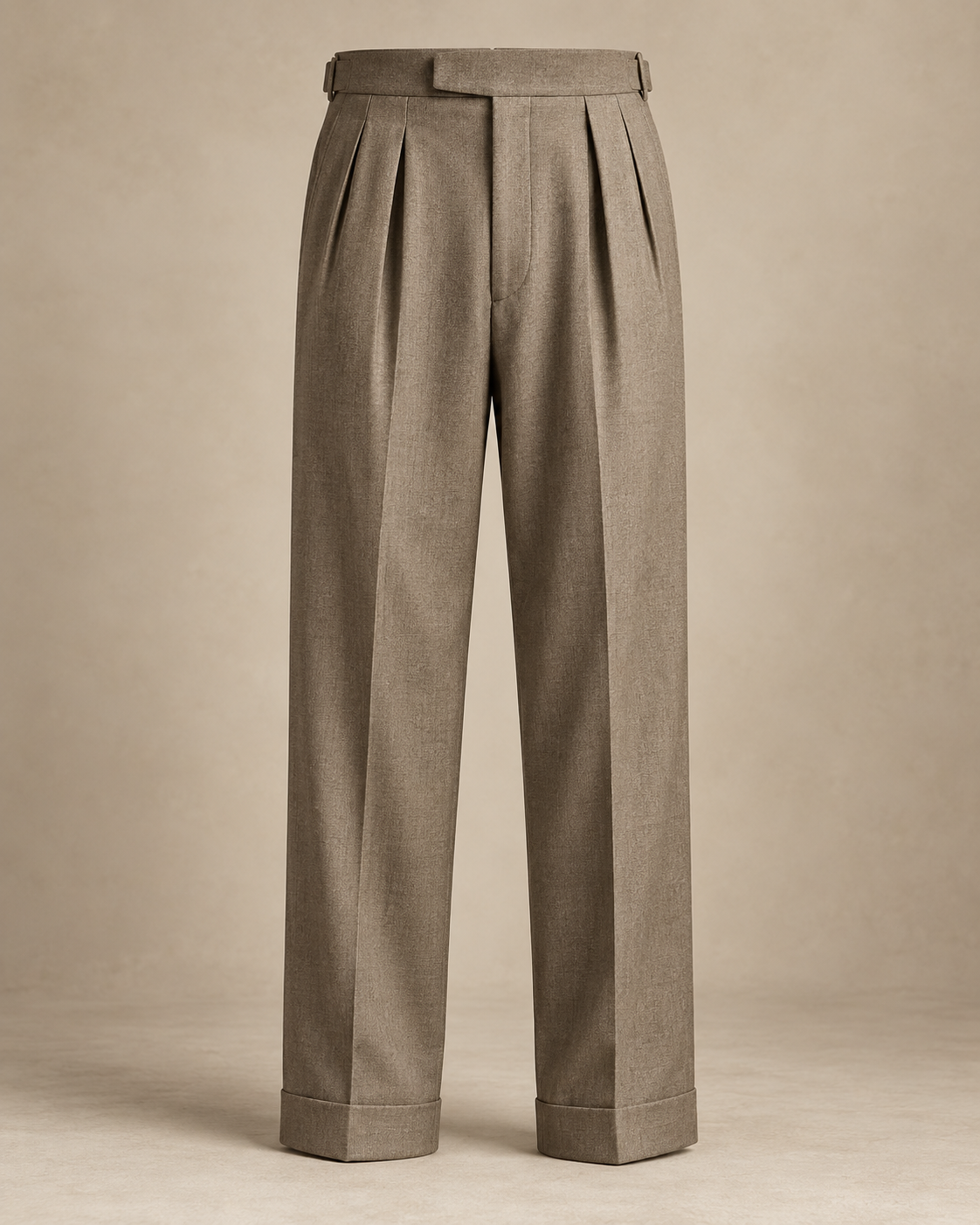 SALVE The Cadogan double-pleated trousers in khaki, extended waistband, pleats and turn-up detail