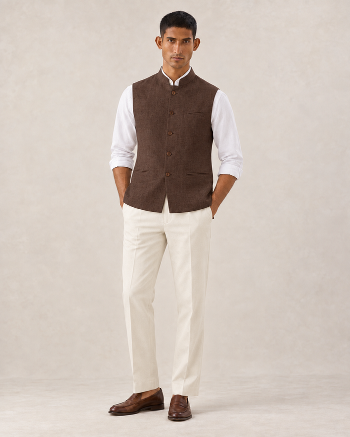 SALVE The Lumen linen Nehru jacket in chocolate-brown, front view