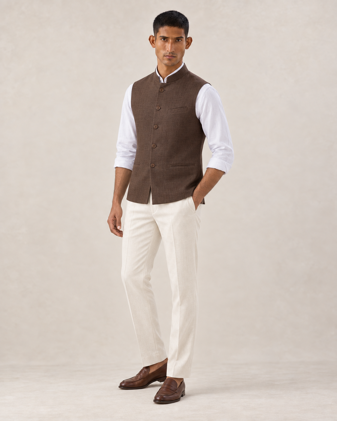 SALVE The Lumen linen Nehru jacket in chocolate-brown, three-quarter view