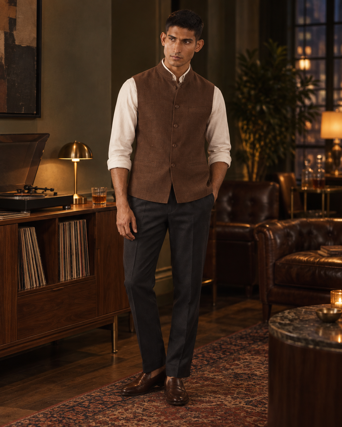 SALVE The Lumen linen Nehru jacket in chocolate-brown, styled for a party