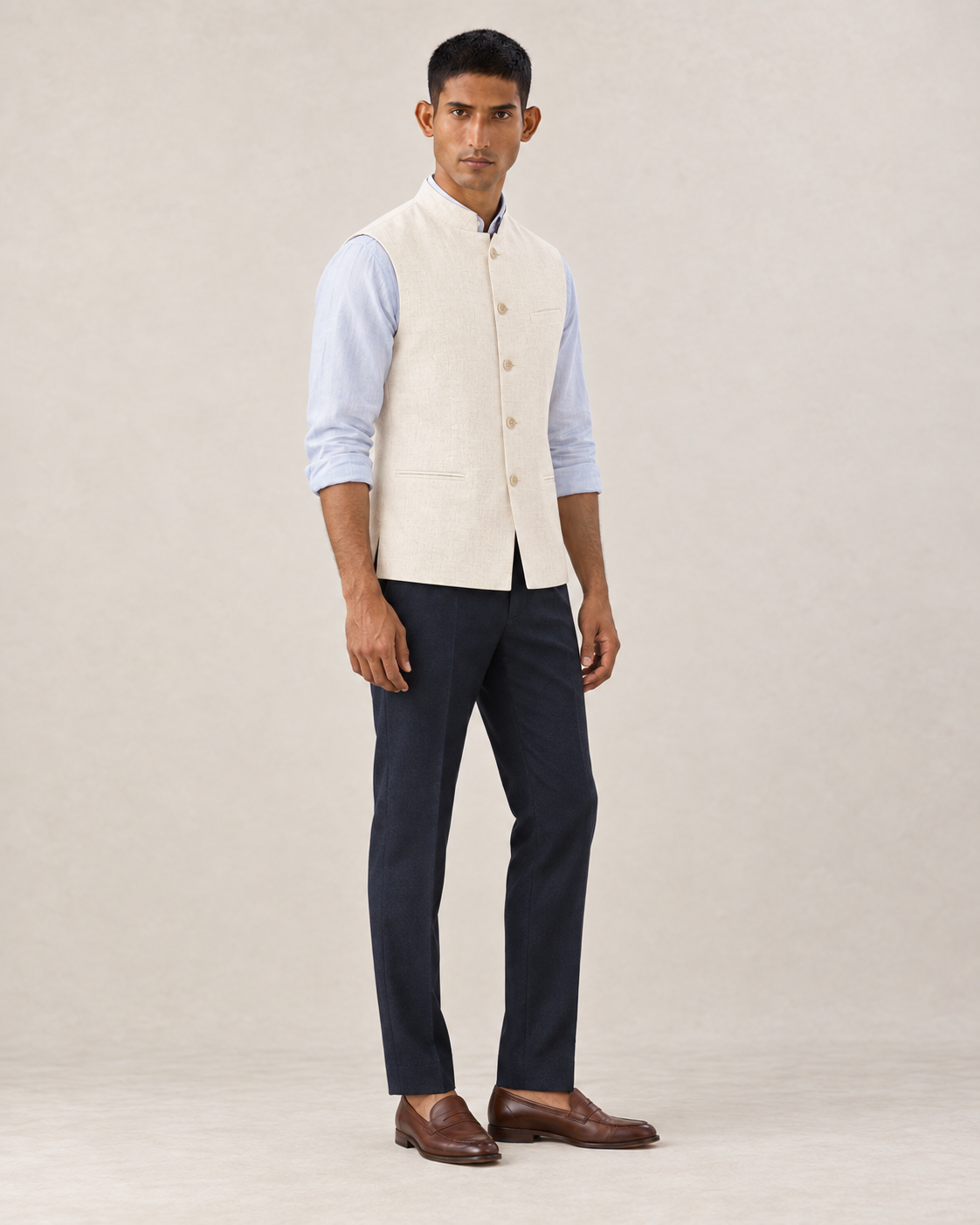 SALVE The Lumen linen Nehru jacket in cream, side view
