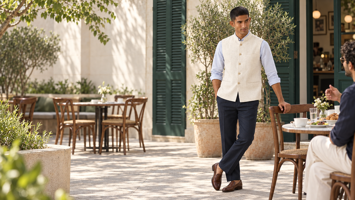 SALVE The Lumen linen Nehru jacket in cream, styled for brunch