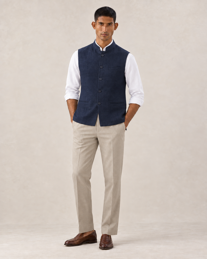 SALVE The Lumen linen Nehru jacket in navy, front view