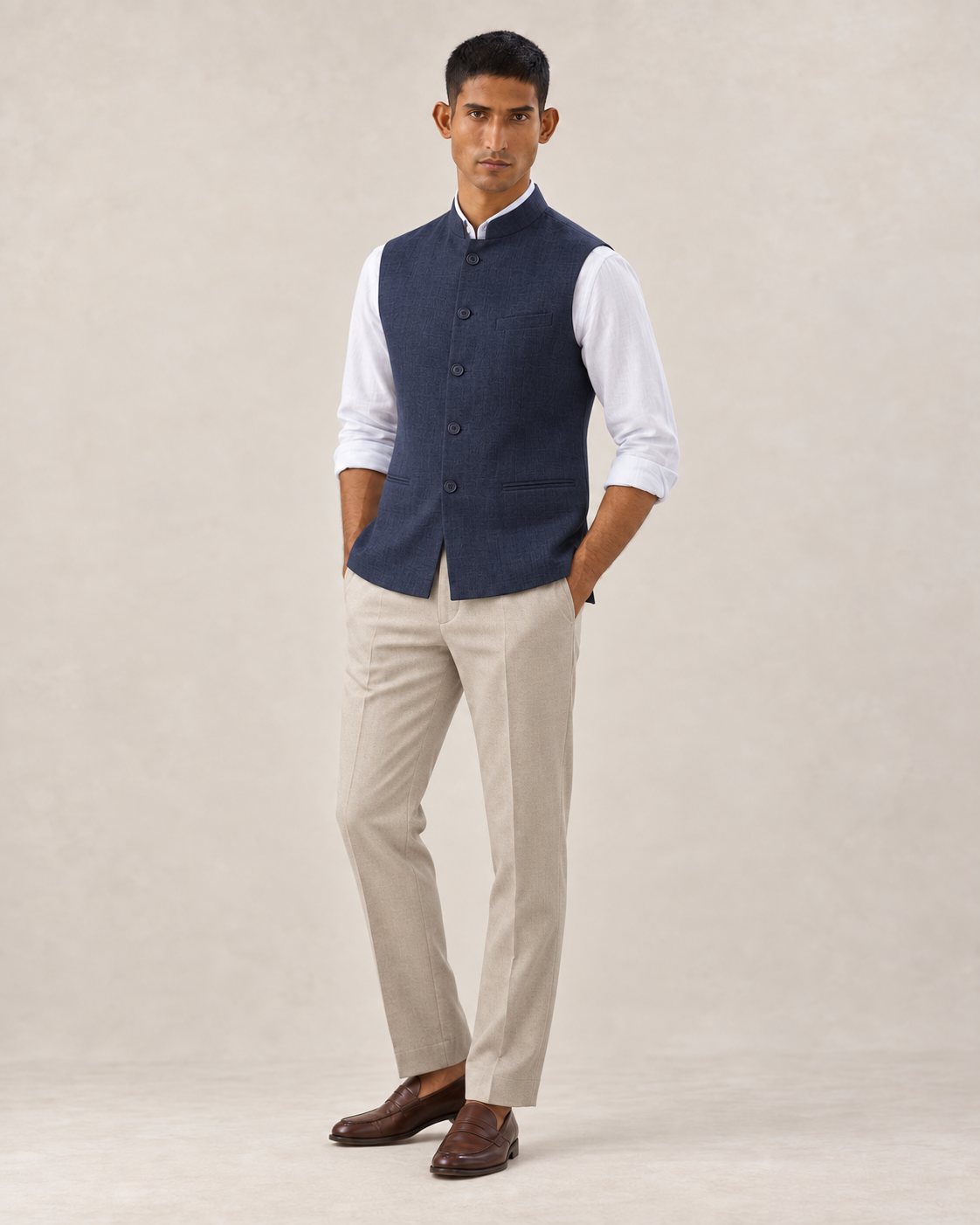 SALVE The Lumen linen Nehru jacket in navy, three-quarter view