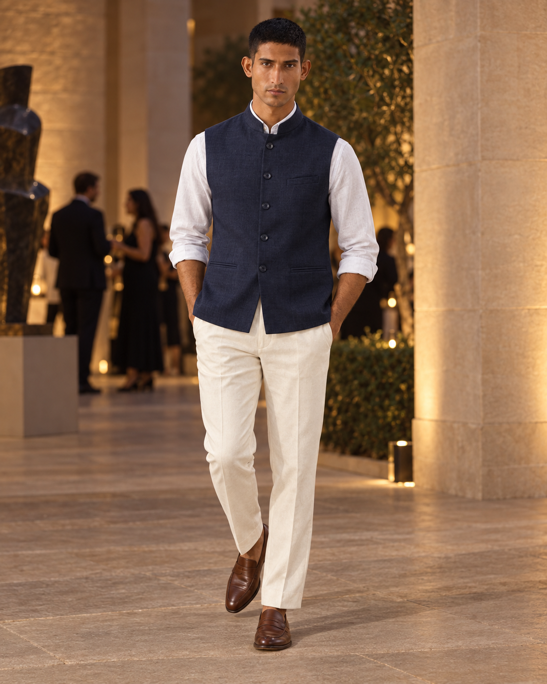 SALVE The Lumen linen Nehru jacket in navy, styled for an evening event