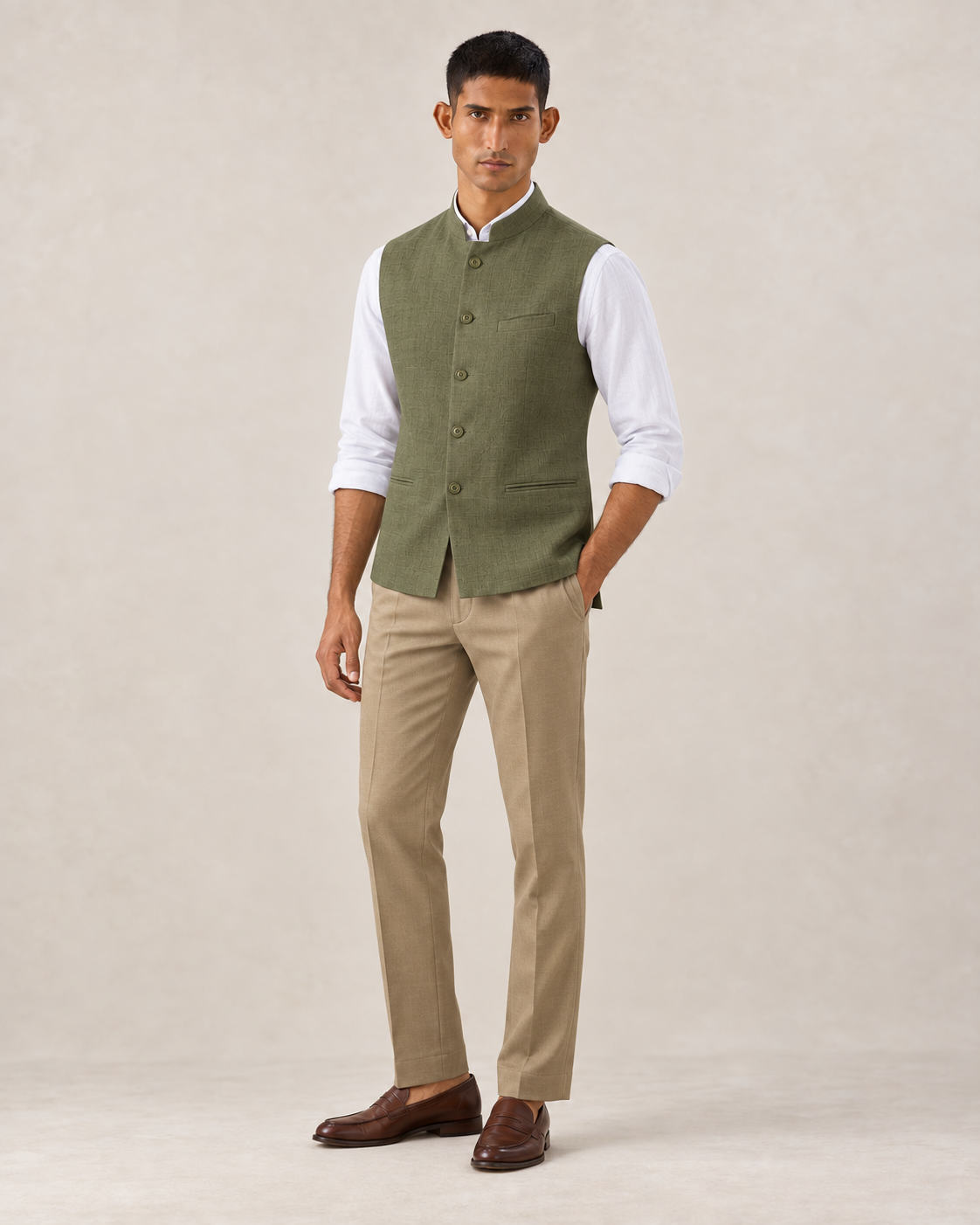 SALVE The Lumen linen Nehru jacket in olive-green, three-quarter view