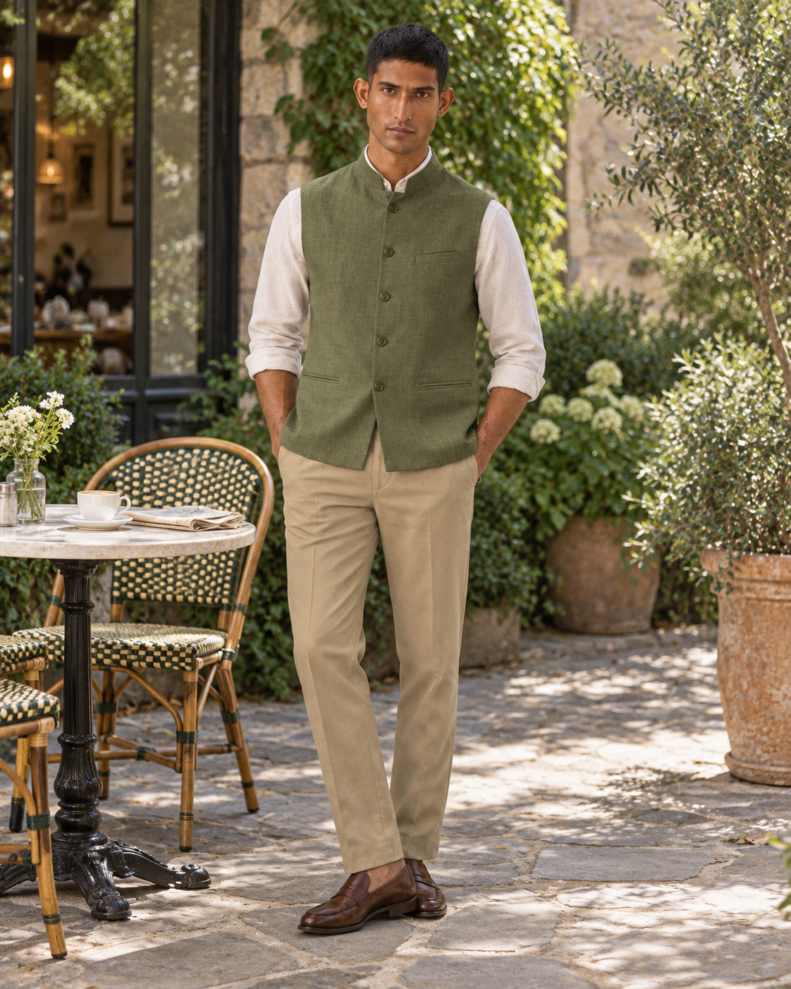 SALVE The Lumen linen Nehru jacket in olive-green, styled for brunch