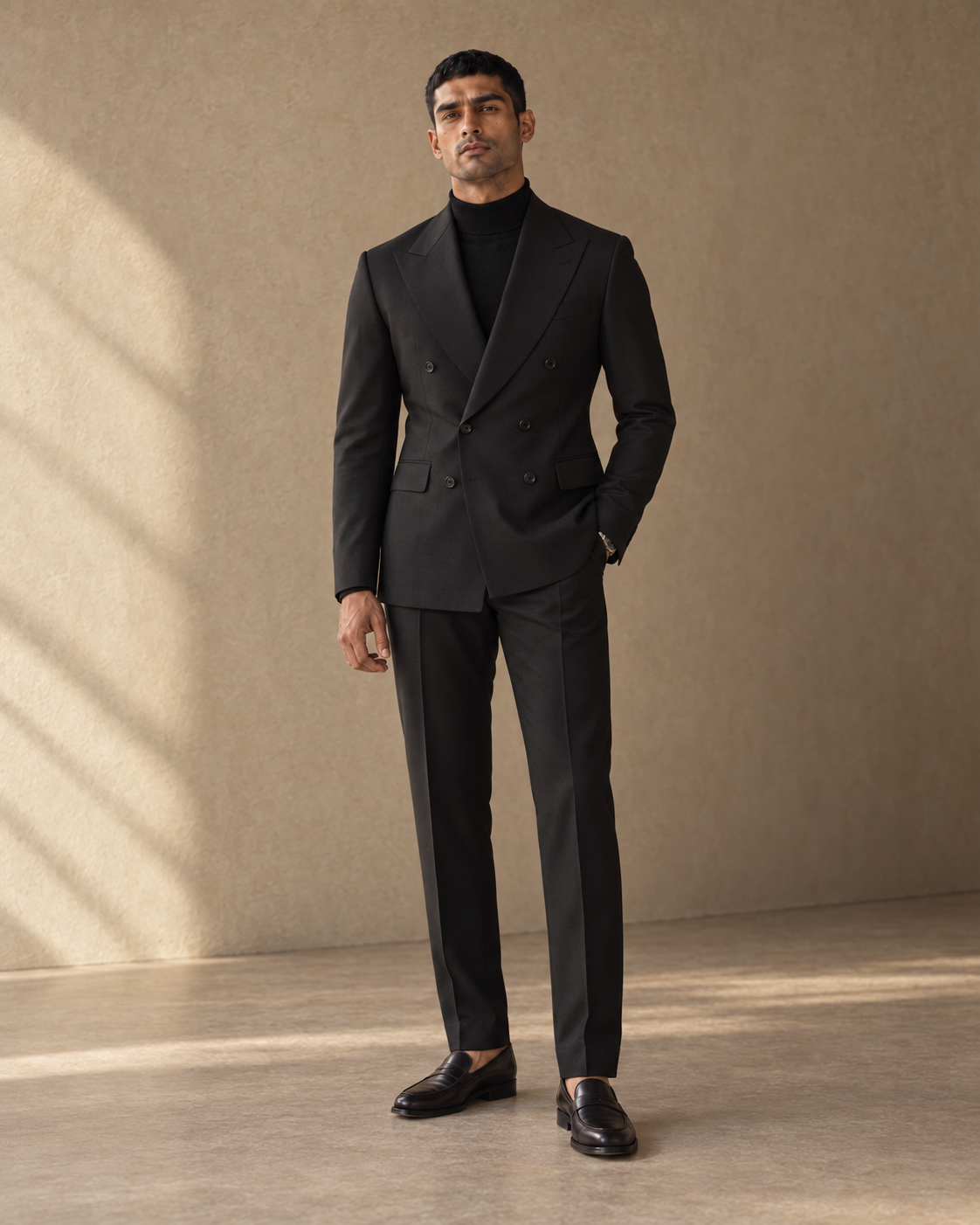 The Regent black double-breasted fine-wool suit, front full-length view