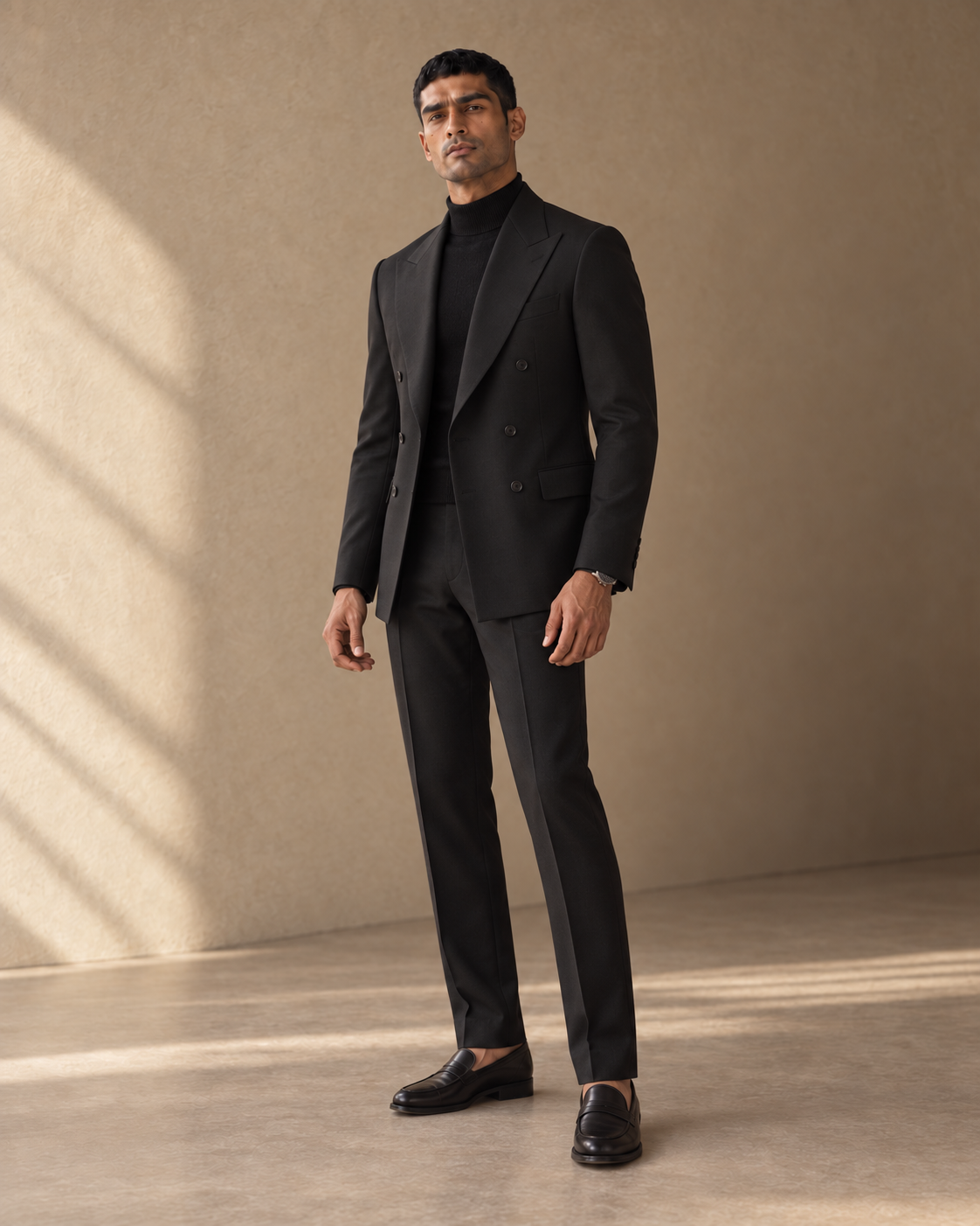 The Regent black double-breasted fine-wool suit, jacket-open fit view