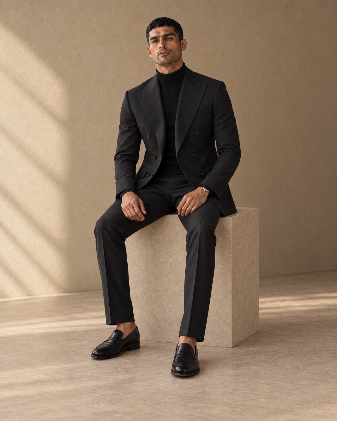 The Regent black double-breasted fine-wool suit, seated fit view