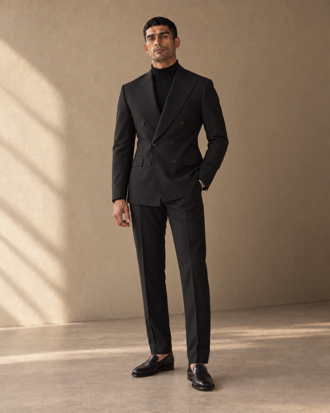 The Regent black double-breasted fine-wool suit, closed three-quarter view