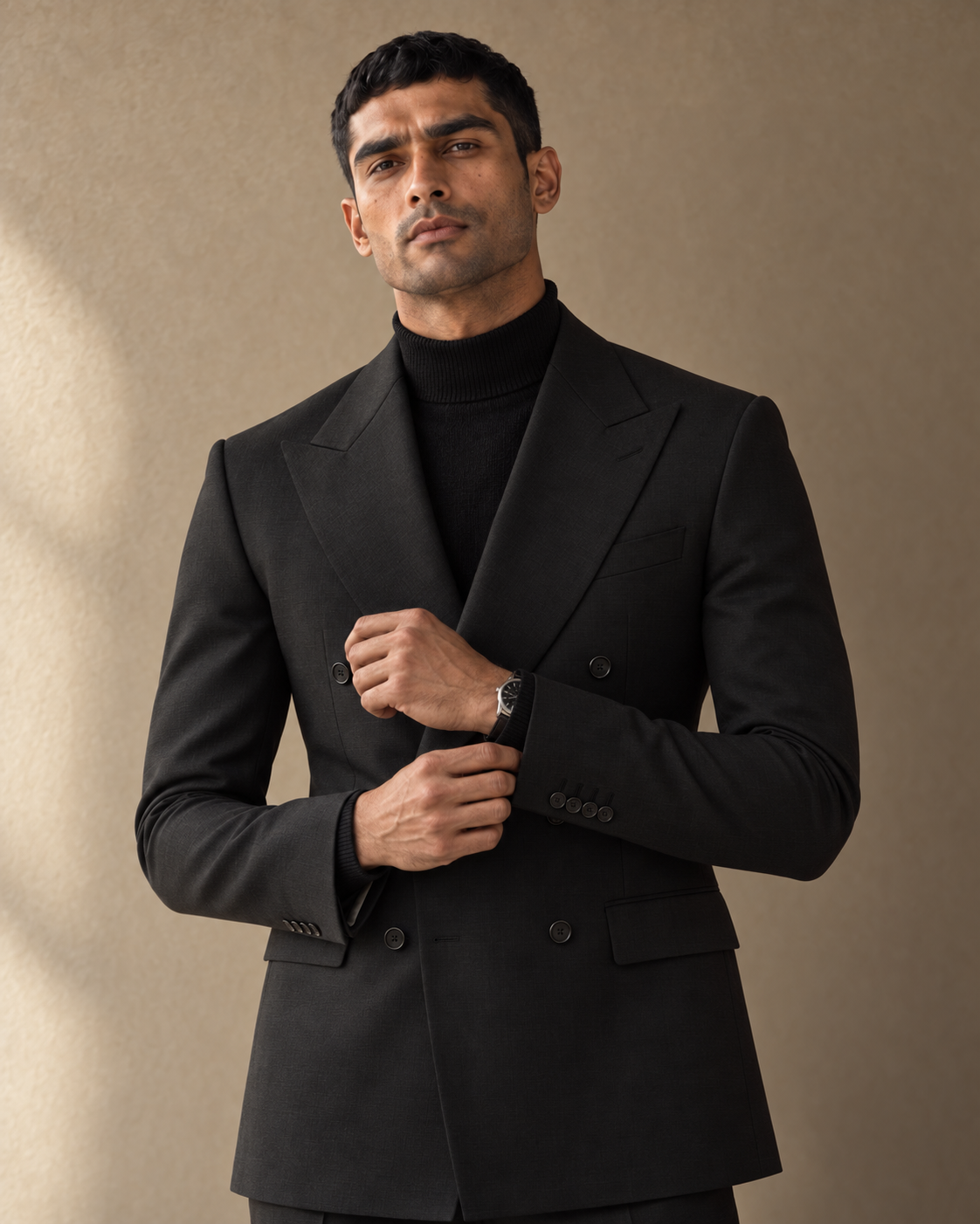 The Regent black fine-wool suit, sleeve cuff and watch detail