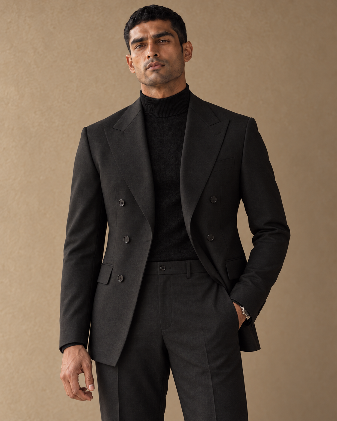 The Regent black fine-wool suit, flat-front trouser waistband detail