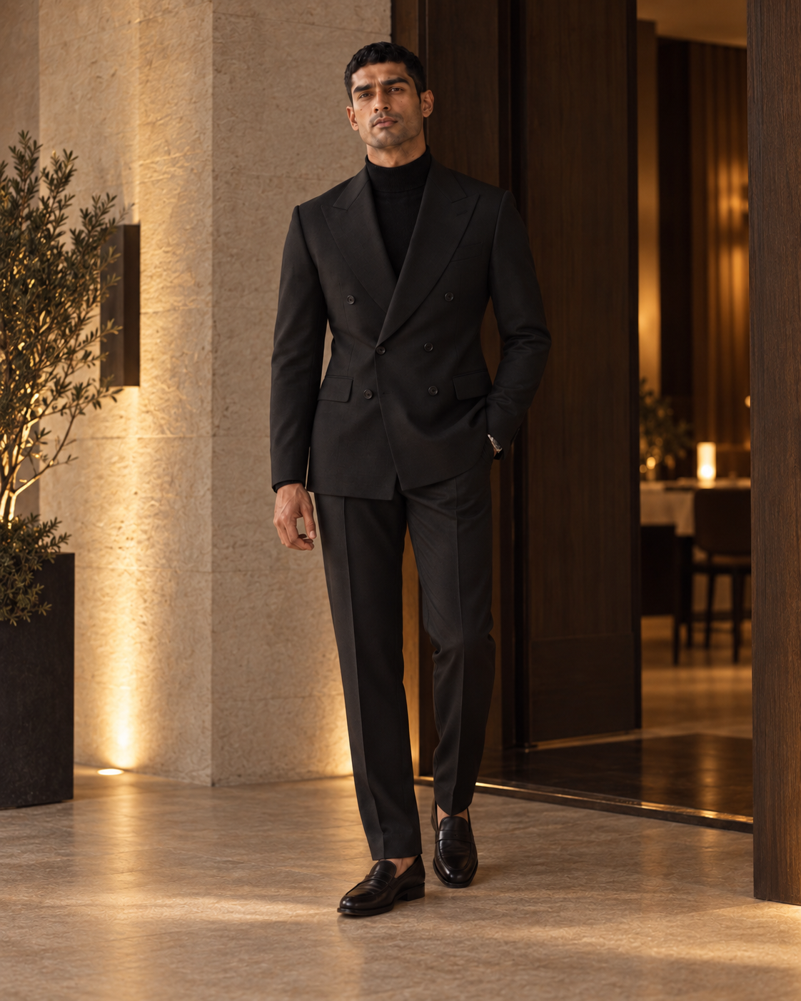 The Regent black fine-wool suit styled for an evening dinner