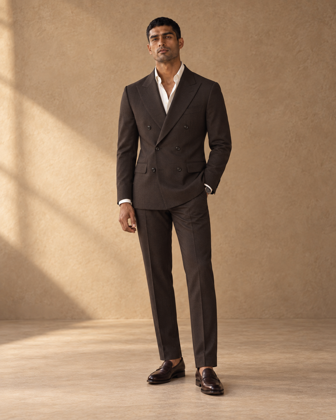 The Regent dark-chocolate double-breasted fine-wool suit, front full-length view
