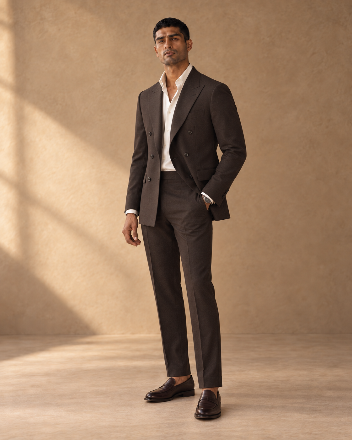 The Regent dark-chocolate double-breasted fine-wool suit, jacket-open fit view